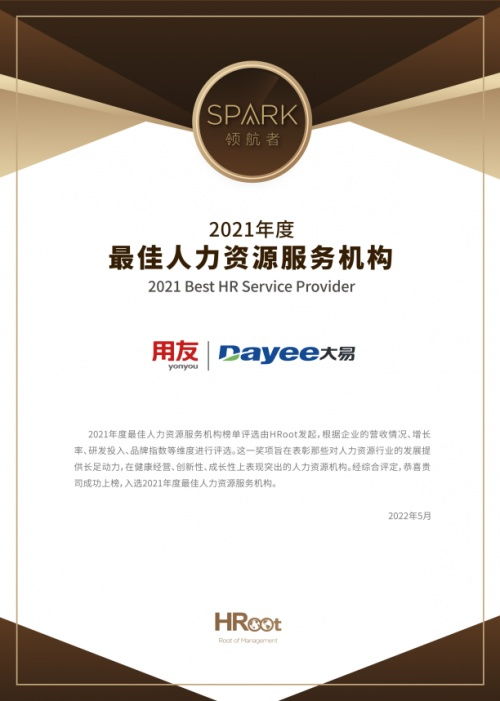 用友大易榮膺2021年度最佳人力資源服務機構，引領行業創新與卓越服務
